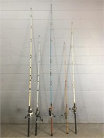 Lot Of 5 Open Face Fishing Reels W Long Rods