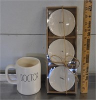 Rae Dunn coffee mug & plates