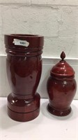 2 Large Red Hued Glazed Wood Decor Pieces Q