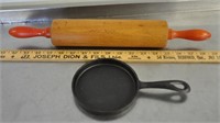 Rolling pin & small cast iron pan
