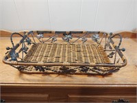 Decorative metal and wicker serving tray