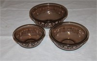 3 Clear Brown Pyrex Nesting Bowls, Design 322