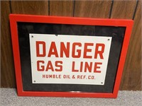 VINTAGE FRAMED PORCELAIN DANGER GAS LINE SIGN