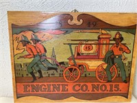VINTAGE FIRE ENGINE PAINTED WOOD SIGN 12x16