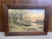 VINTAGE WOOD FRAMED LANDSCAPE PRINT 15in T x 21in