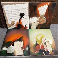 FOUR MUSIC THEMED MIXED MEDIA PAINTINGS ON CANVAS