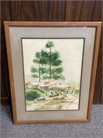 VINTAGE WOOD FRAMED WATERCOLOR PAINTING OF CABIN