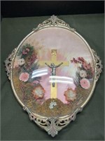 VINTAGE CONVEX BUBBLE GLASS FRAMED CROSS WITH