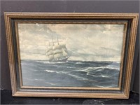 VINTAGE WOOD FRAMED SEA PRINT WITH SHIP 20in W x