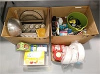 BOX OF BAKEWARE, BOX OF CLEANING SUPPLIES,