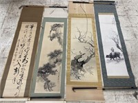 FOUR ANTIQUE HAND PAINTED ASIAN SCROLLS