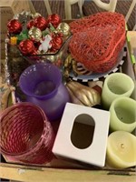 BOX OF VASES, PLATTER, CANDLES AND HOLIDAY DECOR