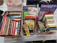 BOX OF BOOKS, TUB OF STATIONARY & OFFICE SUPPLIES