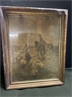 ANTIQUE WOOD FRAMED PRINT OF HORSE RIDER AND