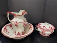 VINTAGE RED AND WHITE WATER BASIN PITCHER, BOWL