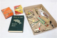 Several Vintage Lures, 2 Empty Reel Boxes & Book