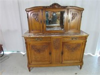 Antique Inlaid Wooden & Marble Top Hutch Buffet