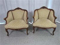 (2) Vtg Wooden & Cream Fabric Accent Chairs