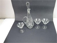 Etched Glass Decanter w/ 3 Wine Glasses