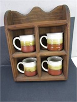 Wooden Shelf w/ 4 Pottery Coffee Cups
