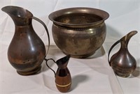 Brass and/or Copper 3 Pitchers and a planter