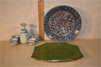 Iznik style pottery 10" plate, Asian sake set, gre