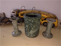 Three-piece marble candlesticks and flower urn.