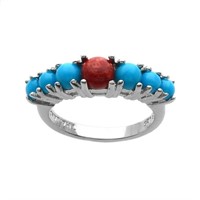 Silver Turquoise & Coral Graduated Ring-SZ 9