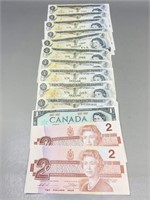 13 Canadian $1 & $2 bills