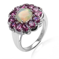 Silver Ethiopian Opal & Garnet Flower Ring-SZ 7