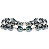 Double Strand Peacock&White Pearl Silver Bracelet