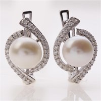 White Pearl & Zircon Latchback Silver Earrings