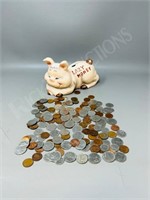 Pig coin bank &  various loose coins
