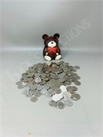 Bear coin bank & loose nickels