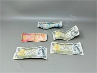 Canadian paper currency - $5, $2, $1  bills