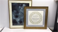 Abstract print in frame and marriage certificate