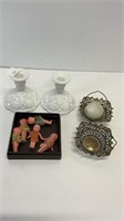 2 candle holders, silver plated egg baskets, and