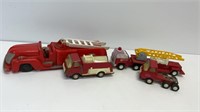 4 vintage fire truck toys: Saunders, Tonka, buddy