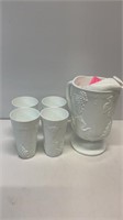 4 harvest grape milk glass cups with pitcher.
