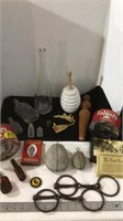 Assorted vintage items, bottle, tins, hardware,