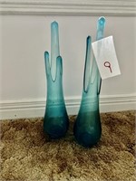 2 MCM Blown Glass Blue Vases