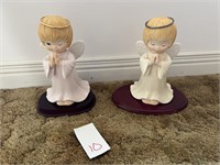 2 Large Ceramic Angels on Wooden Pedestals
