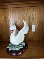 Large Vintage Swan On Wooden Pedestal