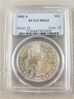 1881 S Morgan Silver Dollar PCGS MS 64
