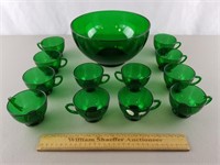 Vintage Green Glass Punch Bowl & Cups
