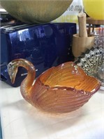 Orange iridized glass swan candy dish