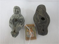 2 HAND CARVED STONE PIPES/OIL LAMPS