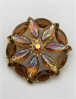 Vintage Brooch Pin Amber Rhinestone Flower