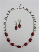 Sterling 925 Red Glass Pearl Necklace Earring Set