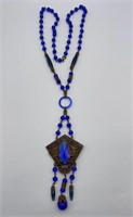Antique Art Deco Cobalt Glass Flapper Necklace